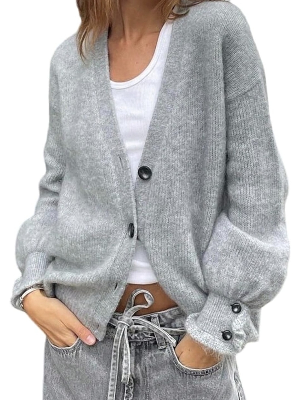 Women's Light Gray V-Neck Button-Front Knit Cardigan